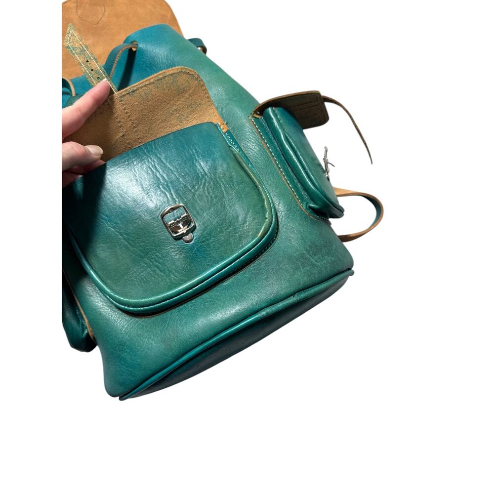 Vintage Backpack Bag Womens Teal Green Leather Rucksack Drawstring Buckle Pocket - Picture 10 of 16